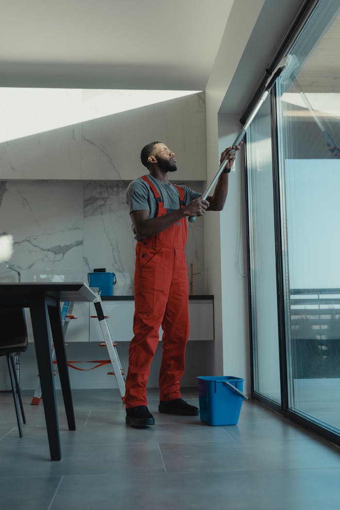 pexels-photo-6197122 A man cleans a large window in a stylish, modern home interior.